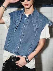 ROMWE MEN Grunge Punk Men's Pointed Collar Single-Breasted Casual Asymmetric Denim Vest - Blue - View 7