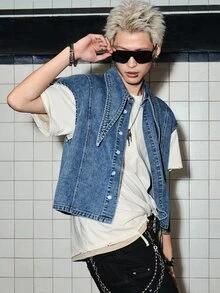 ROMWE MEN Grunge Punk Men's Pointed Collar Single-Breasted Casual Asymmetric Denim Vest - Blue - View 5