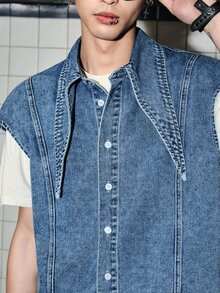 ROMWE MEN Grunge Punk Men's Pointed Collar Single-Breasted Casual Asymmetric Denim Vest - Blue - View 2