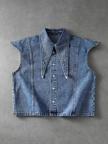 ROMWE MEN Grunge Punk Men's Pointed Collar Single-Breasted Casual Asymmetric Denim Vest - Blue - View 1