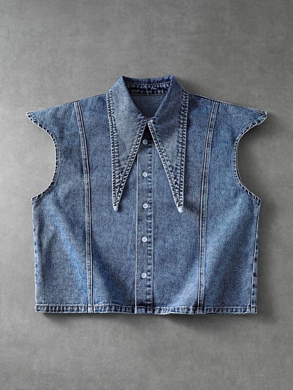ROMWE MEN Street Life Men's Pointed Collar Single-Breasted Casual Asymmetric Denim Vest