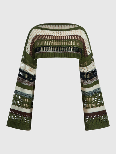 Fairycore Summer Crochet Striped Pattern Drop Shoulder Crop Sweater, School,Long Sleeve Tops