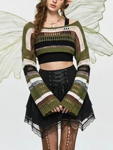 ROMWE Fairycore Women Sweaters Blok Warna Striped Casual - MultiWarna - View 3