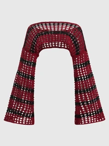 ROMWE Fairycore Summer Crochet Striped Pattern Hollow Out Sweater, School - Burgundy - View 2
