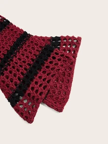 ROMWE Fairycore Summer Crochet Striped Pattern Hollow Out Sweater, School - Burgundy - View 4