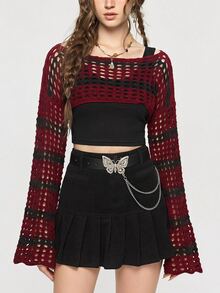 ROMWE Fairycore Summer Crochet Striped Pattern Hollow Out Sweater, School - Burgundy - View 3