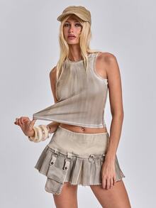 ROMWE Summer Y2K Grunge Utility Pleated A-Line Denim Skirt - Khaki - View 10