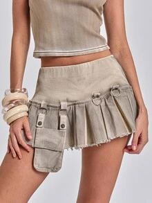 ROMWE Summer Y2K Grunge Utility Pleated A-Line Denim Skirt - Khaki - View 4