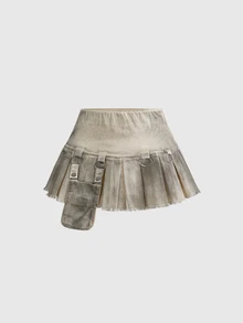 ROMWE Summer Y2K Grunge Utility Pleated A-Line Denim Skirt - Khaki - View 2