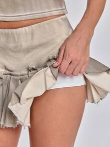ROMWE Summer Y2K Grunge Utility Pleated A-Line Denim Skirt - Khaki - View 7