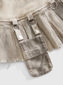 ROMWE Summer Y2K Grunge Utility Pleated A-Line Denim Skirt - Khaki - View 11