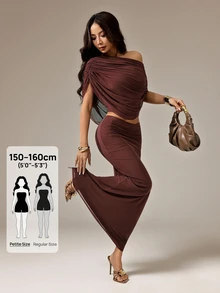 SHEIN PETITE طقم نسائي من قطعتين باللون البني، كتف غير متماثل من الشبك، أنيق للتنقل والمواعدة والعطلات، للنساء الصغيرات - بني - مشاهدة 10