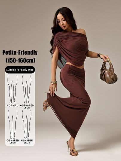 SHEIN PETITE طقم نسائي من قطعتين باللون البني، كتف غير متماثل من الشبك، أنيق للتنقل والمواعدة والعطلات، للنساء الصغيرات