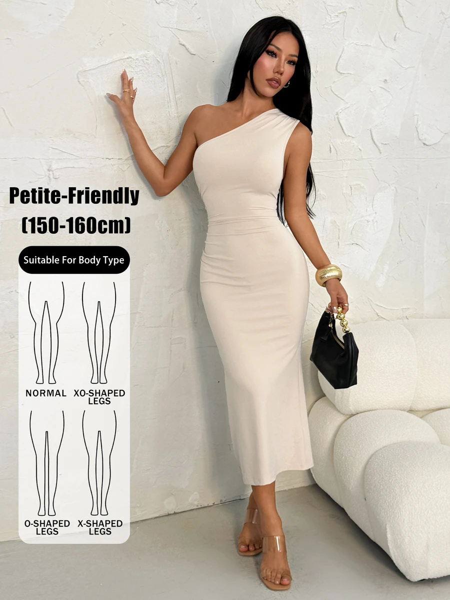 SHEIN PETITE Spring Summer Elegant Sexy Solid Color Asymmetrical Neck Neckline Ruched Dress, Dresses For Women One Shoulder Midi Bodycon, Petite White - Ivory White - View 1