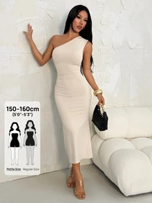 SHEIN PETITE Spring Summer Elegant Sexy Solid Color Asymmetrical Neck Neckline Ruched Dress, Dresses For Women One Shoulder Midi Bodycon, Petite White - Ivory White - View 9