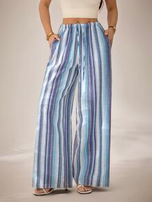 SHEIN PETITE Women's Colorful Striped Woven Long Pants - Multicolor - View 8