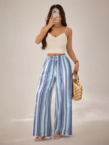 SHEIN PETITE Women's Colorful Striped Woven Long Pants - Multicolor - View 3