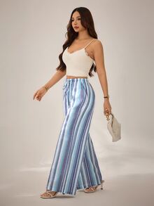 SHEIN PETITE Women's Colorful Striped Woven Long Pants - Multicolor - View 5