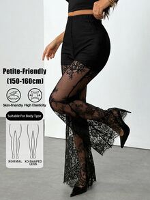 SHEIN PETITE Women's Sexy Elegant Lace Sheer Flare Pants ,Petite Women - Black - View 1