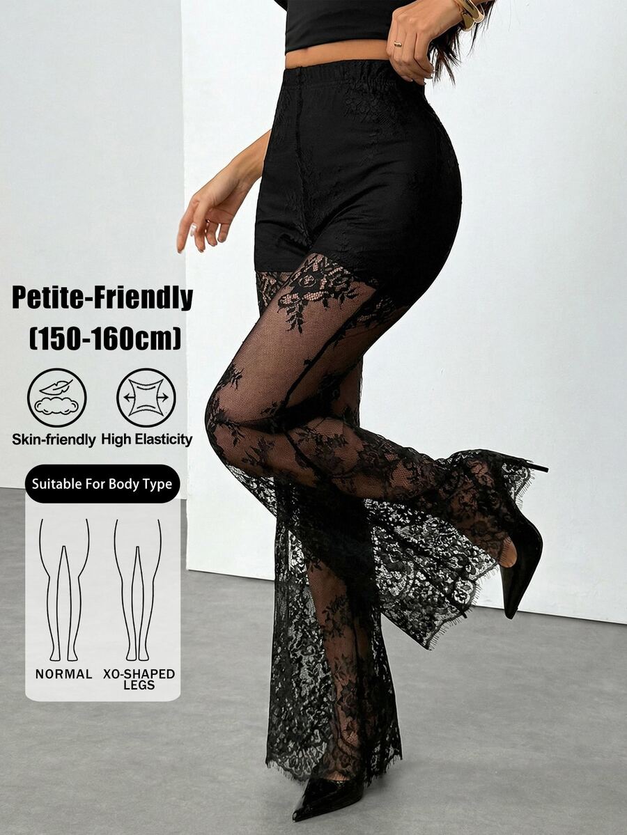 SHEIN PETITE Women's Sexy Elegant Lace Sheer Flare Pants ,Petite Women - Black - View 1