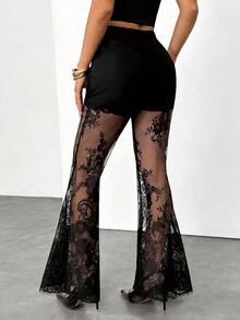 SHEIN PETITE Women's Sexy Elegant Lace Sheer Flare Pants ,Petite Women - Black - View 2
