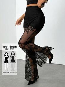 SHEIN PETITE Women's Sexy Elegant Lace Sheer Flare Pants ,Petite Women - Black - View 12