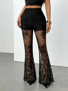 SHEIN PETITE Women's Sexy Elegant Lace Sheer Flare Pants ,Petite Women - Black - View 10