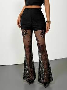 SHEIN PETITE Women's Sexy Elegant Lace Sheer Flare Pants ,Petite Women - Black - View 9