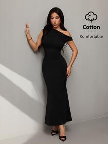 SHEIN PETITE 不對稱超長魚尾裙，舒適棉質面料，適合夏季日常穿著、約會、旅行、派對、優雅女士外出、俱樂部活動、約會、宴會 - 黑色 - 查看 7