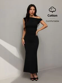 SHEIN PETITE 不對稱超長魚尾裙，舒適棉質面料，適合夏季日常穿著、約會、旅行、派對、優雅女士外出、俱樂部活動、約會、宴會 - 黑色 - 查看 6