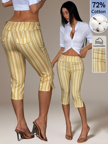 SHEIN PETITE 女款黃色拼色休閒Y2K短褲，適合日常穿著、工作、派對、夏季 - 黃色 - 查看 3