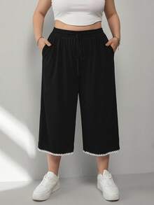 SHEIN CURVE+ Plus Size Black Lightweight Ice Silk Knit Ribbed Casual Pants With Pockets, Fall Winter 2026 22W - Black - View 6
