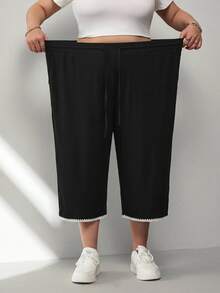 SHEIN CURVE+ Plus Size Black Lightweight Ice Silk Knit Ribbed Casual Pants With Pockets, Fall Winter 2026 22W - Black - View 5