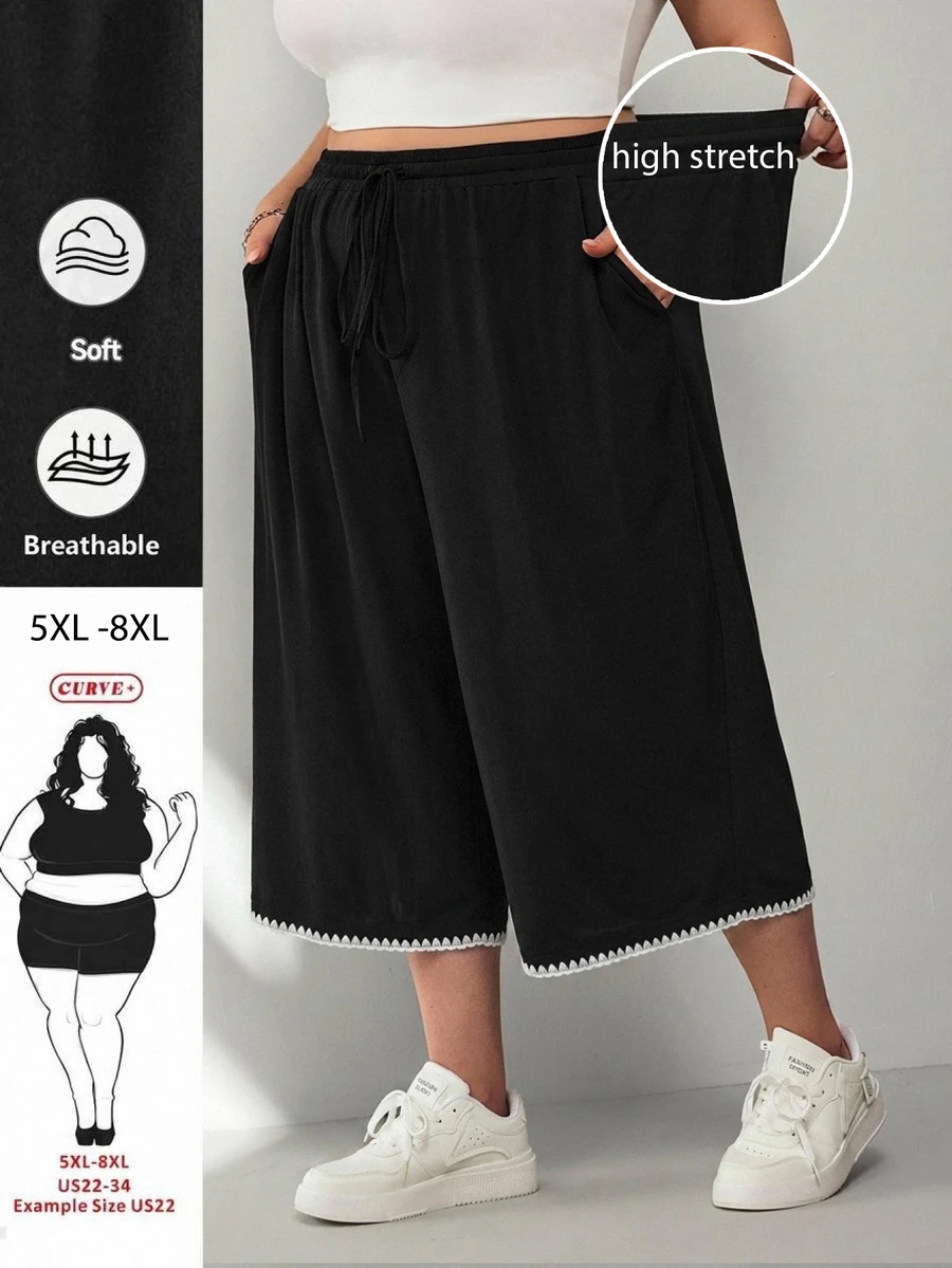 SHEIN CURVE+ Plus Size Black Lightweight Ice Silk Knit Ribbed Casual Pants With Pockets, Fall Winter 2026 22W