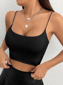 SHEIN PETITE 女款素色細肩帶背心，適合嬌小女性 - 黑色 - 查看 9