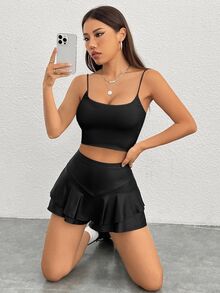 SHEIN PETITE 女款素色細肩帶背心，適合嬌小女性 - 黑色 - 查看 8