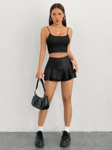 SHEIN PETITE 女款素色細肩帶背心，適合嬌小女性 - 黑色 - 查看 6