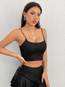 SHEIN PETITE 女款素色細肩帶背心，適合嬌小女性 - 黑色 - 查看 7
