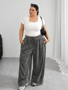SHEIN CURVE+ Plus Size Black Straight Tube Loose Casual Plus Size Pants, Textured Wool Fall, Winter 2026 22W - Dark Grey - View 6