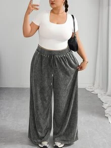 SHEIN CURVE+ Plus Size Black Straight Tube Loose Casual Plus Size Pants, Textured Wool Fall, Winter 2026 22W - Dark Grey - View 7