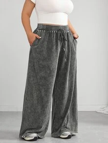 SHEIN CURVE+ Plus Size Black Straight Tube Loose Casual Plus Size Pants, Textured Wool Fall, Winter 2026 22W - Dark Grey - View 5