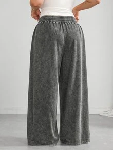 SHEIN CURVE+ Plus Size Black Straight Tube Loose Casual Plus Size Pants, Textured Wool Fall, Winter 2026 22W - Dark Grey - View 2