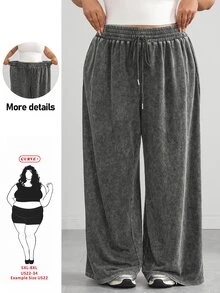 SHEIN CURVE+ Plus Size Black Straight Tube Loose Casual Plus Size Pants, Textured Wool Fall, Winter 2026 22W - Dark Grey - View 1