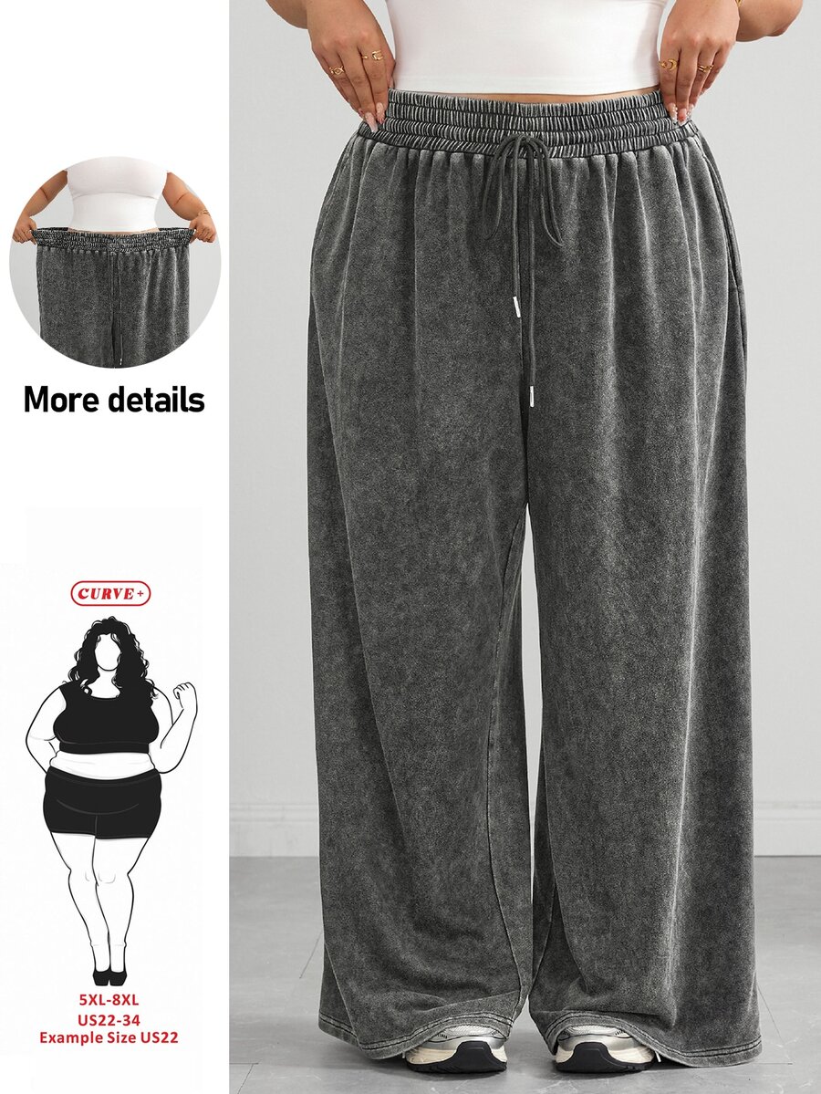 SHEIN CURVE+ Plus Size Black Straight Tube Loose Casual Plus Size Pants, Textured Wool Fall, Winter 2026 22W - Dark Grey - View 1