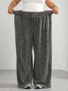 SHEIN CURVE+ Plus Size Black Straight Tube Loose Casual Plus Size Pants, Textured Wool Fall, Winter 2026 22W - Dark Grey - View 3