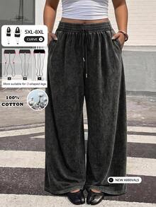 SHEIN CURVE+ Plus Size Black Straight Tube Loose Casual Plus Size Pants, Textured Wool Fall, Winter 2026 22W - Dark Grey - View 8