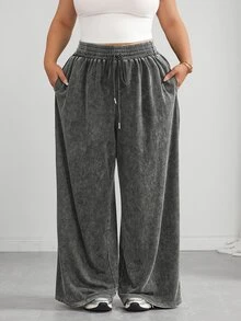 SHEIN CURVE+ Plus Size Black Straight Tube Loose Casual Plus Size Pants, Textured Wool Fall, Winter 2026 22W - Dark Grey - View 4
