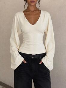 SHEIN Tall ملابس علوية نسائية كاجوال متعددة الاستخدامات بلون موحد وأكمام جرسية - بيج - مشاهدة 4