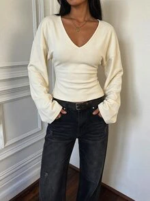 SHEIN Tall ملابس علوية نسائية كاجوال متعددة الاستخدامات بلون موحد وأكمام جرسية - بيج - مشاهدة 5