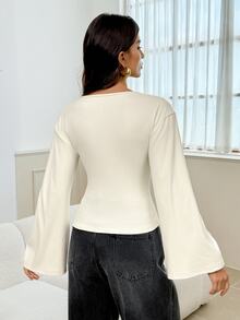 SHEIN Tall ملابس علوية نسائية كاجوال متعددة الاستخدامات بلون موحد وأكمام جرسية - بيج - مشاهدة 8